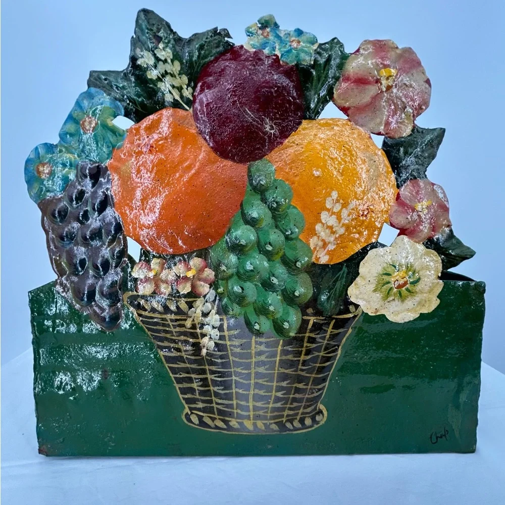 Vintage Hand Painted Flower Basket on Metal Tin Wall‎ Box Mail Box Nik Nak Box